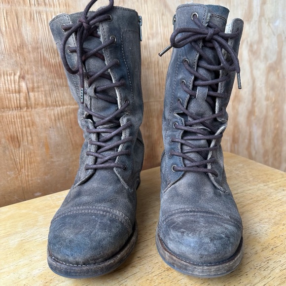 All Saints Spitalfields Gray Brown Combat Moto Lace Up Side Zip Distressed Boot - Picture 9 of 15